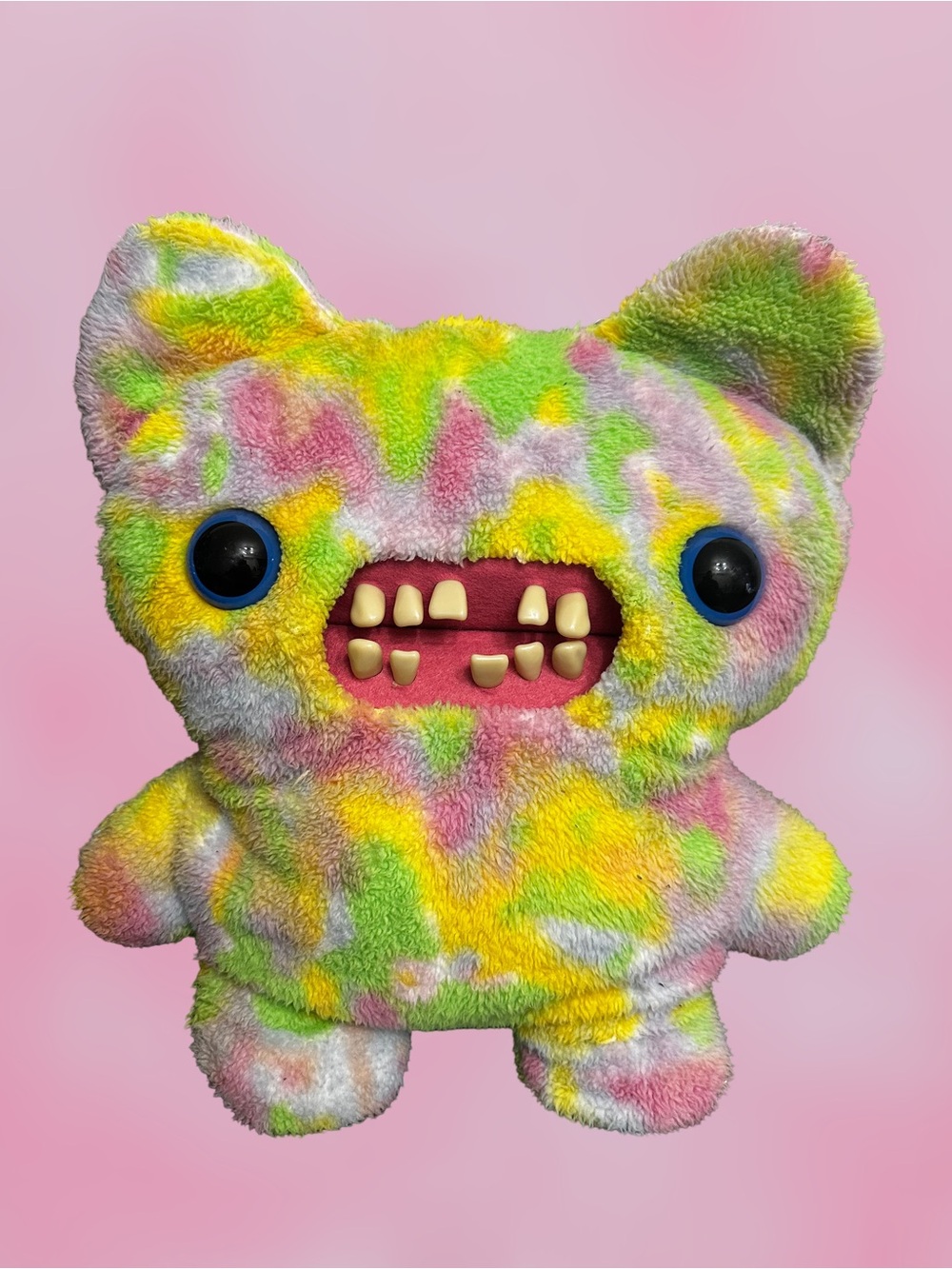 Tie-Dye Monster Plush Toy in Yellow, Pink & Green - Cute Cavity Smile